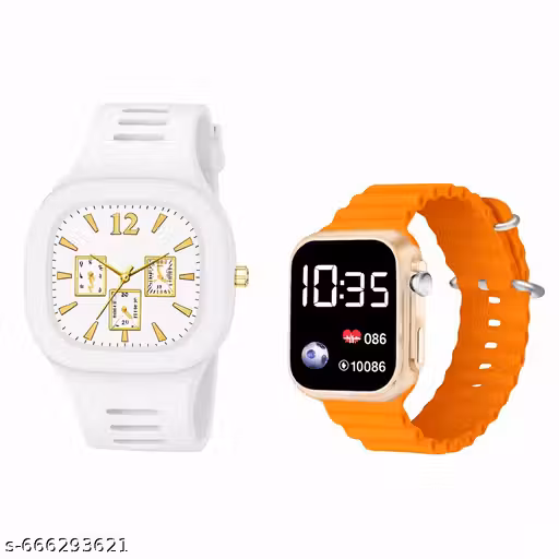Classic White Analoog Watch with Orange Digital Watch Combo