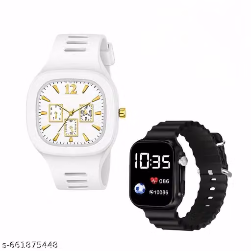 White Analoog Watch & Black Digital Watch Combo | Stylish Square Dial Watches for Men & Kids