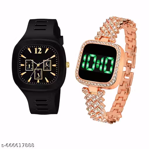 Stylish Men’s Black Analoog Watch with Women’s Rose Gold Digital Watch Combo