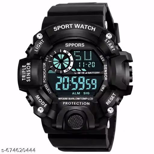 Black Digital Sports Watch | LED Display, Date Time & Alarm