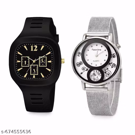 Stylish Analog-Watch Set | Black Dial Silicoone Watch with Silver Mesh Design Watch
