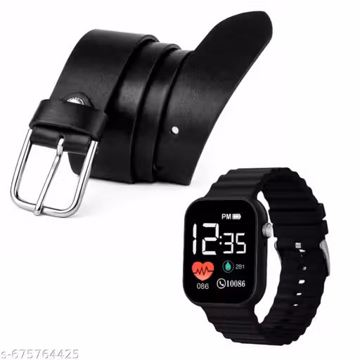 Men’s Leather Look Black Belt & Digital Black Watch Combo | Time & Date