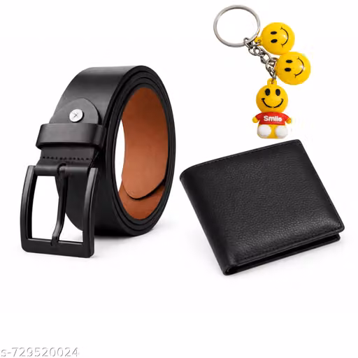 Stylish Men’s Belt with Wallet & Smiley Keychain Combo