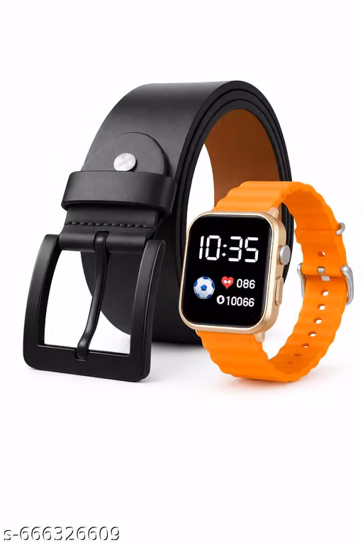 Premium Black Men’s Belt with Orange Kids Digital Watch | Combo Pack for Daily Use & Gifting