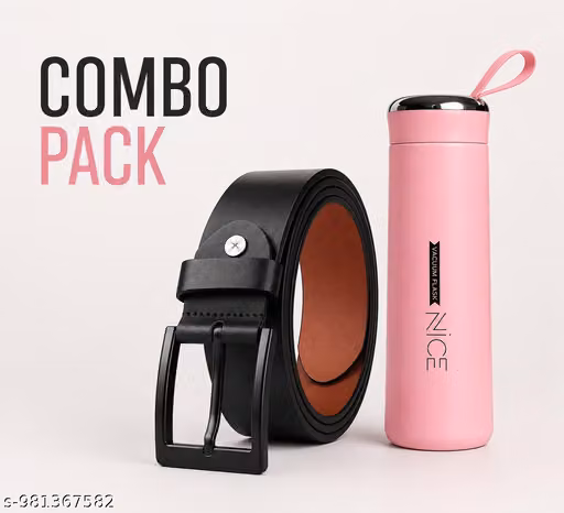 Stylish Black Belt and Glass Inner Flask Bottle Combo Pack