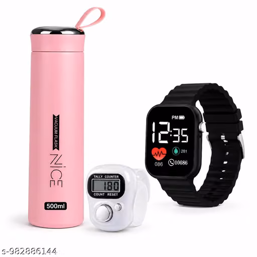 500ml Vacuum Flask Bottle with Digital Watch & Fingger Tally Counter Combo Pack | Stylish Utility Gift Set for Men & Women