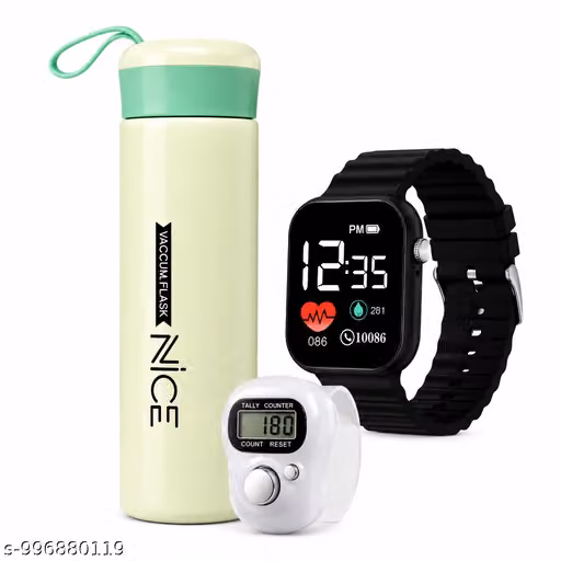 3-in-1 Combo Pack Glass Inner Vacuum Flask Bottle + Digital Time & Date Watch + Digital Fingeer Tally Counter | Daily Use Gift Set