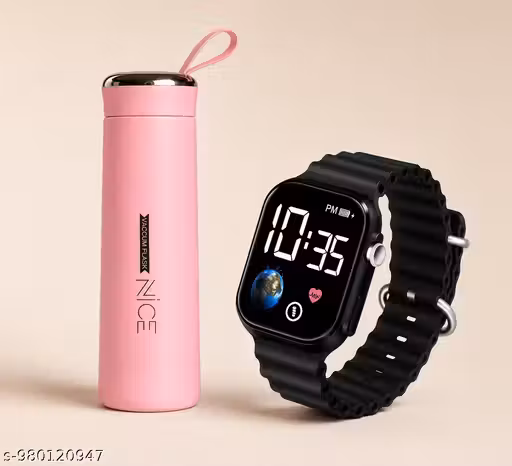 Premium Glass Vacuum Flask Bottle and Digital Watch Combo Pack for Men & Women