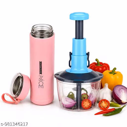 2 in 1 Kitchen Utility Combo | Vacuum Flask Bottle & Manual Push Vegetable Chopper