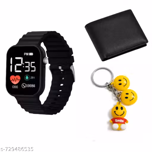 Stylish Men’s Combo Set – Digital Watch, Wallet & Smiley Keychain