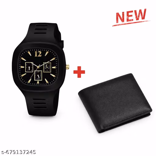 Stylish Men Black Analoog Watch & Wallet Combo | Artificial Leather Wallet