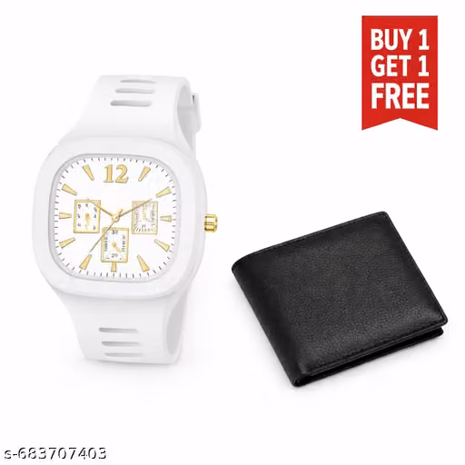 Stylish White Analog Wrist Watch with Men’s Leather Look Wallet | B1G1 Free