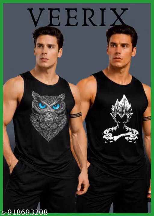 VEERIX Men's Printed Gym Vest Combo Pack of 2 | Black Graphic Sleeveless Tank Tops | Premium Polyester Quick Dry Gym Wear for Men | Workout, Running, Bodybuilding, Fitness & Sports Vest