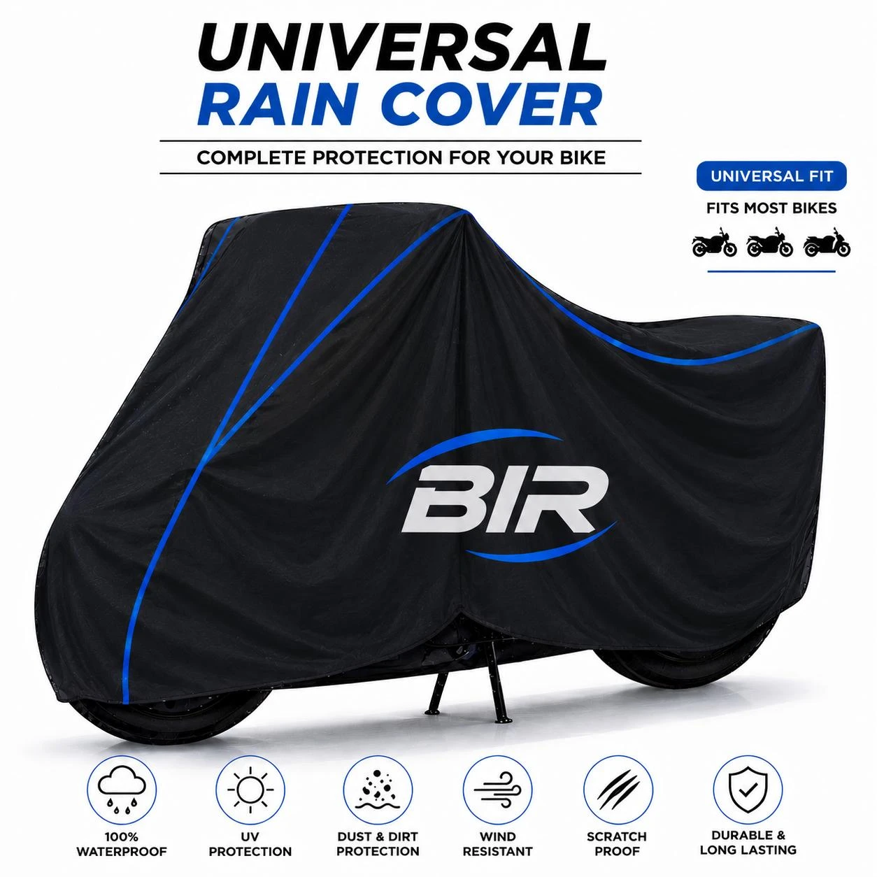 BIR Bike Cover Ola Diamondhead Fi Water Resistant Universal Motorcycle Rain | Heavy Duty UV Protection, Dust, Scratch Indoor Outdoor All Weather with Black Blue Piping Elastic