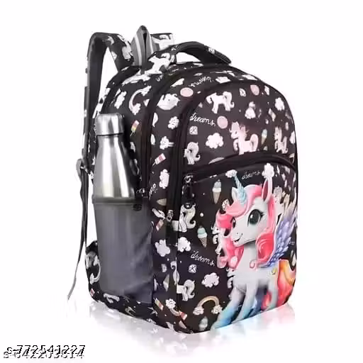Unicorn Kids School Backpack | Cartoon Printed School Bag for Girls (3–9 Years) | Free Size | 3 Zip Compartments + 1 Front Pocket | Lightweight Durable Bag