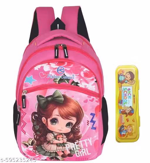 Girls School Backpack with Pretty Girl Print | Lightweight Water-Resistant Kids Bag with Pencil Box | Padded Straps & Bottle Pocket | Pink