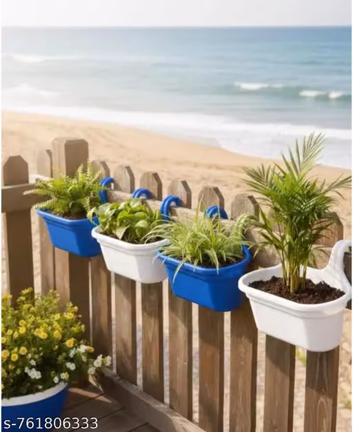 Plastic Hanging Double blue and white colour Hook Pot (Set of 4) Railing Hook Pot | Flower Hanging Pots for Home & Balcony Garden |Hanging Planters for Home Plants | Hooked Hanging Pots
