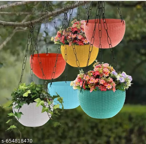 Pack of 4 Wooven look uro hanging basket /balcony pot suitable for outdoor and indoor planting give enhance look to your garden andbalcony and terrace