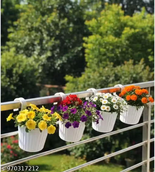 Pack of 4 line hook whitebalcony wala pot, hanging gamla, plastic gamla, railing pot, garden decoration pot, ghar ke paudhe wala pot, balcony hanging planter, green gamla, terrace garden pot, stylish gamla, hook wala pot, grill hanging pot, home decor pla