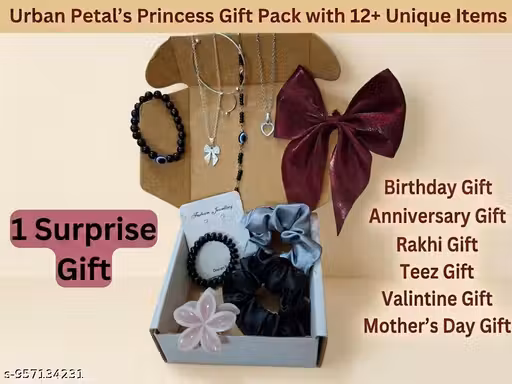 Urban Petals Premium Fashion Jewelry & Hair Accessories Combo Set for Women & Girls - Silver Plated Pendent chain, Bracelet, Earring, Ring, Hair Scrunchies, Anklet & Hair Clip Gift Pack