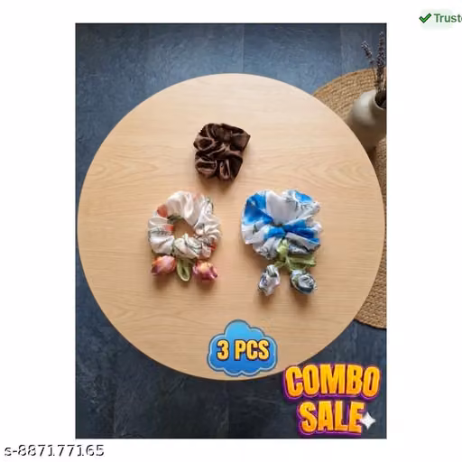 Pack of 3 Scrunchies random colour (1-Silk satin stretchy Scrunchies & 2- Soft floral hair stretchy Scrunchie with hair Tie) Ponytail Holder Organza Scrunchie, rubber band hair accessories for Women & Girl