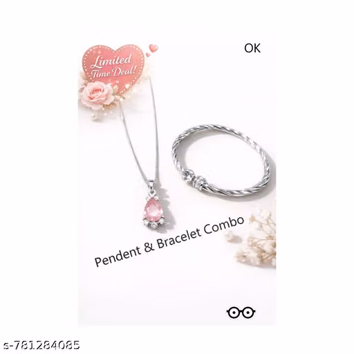 Combo of Silver-Plated Pink stone Neckless & Bengle- Special Gift Neckless set, pink stone Jewellry for Women and Girl, Bracelet artificial jewellery, Curved Bangel.