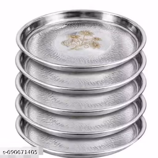 Stainless ,Steel, Dinner ,plate Set For kitchen, Plate, Bhojan Thali,Steel Dish-26 cm Material : Stainless Steel(pack of 6)