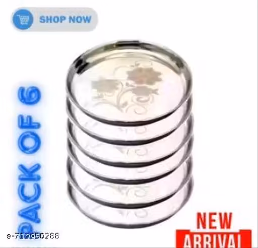 Stainless, Steel 6pc Thali, Plate,(12 inch) Kitchenware Set Ideal for Home, Restaurants and Family Use, Silver(pack of 6)