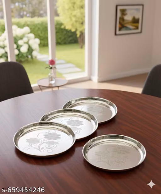 Stainless Steel Dinner Plate Steel Thali Set of 4 for Bhojan Lunch,QUY55