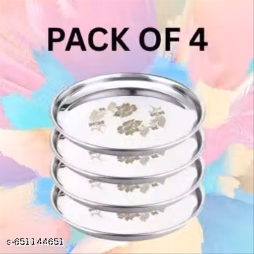 Stainless// Steel //Thali// Set of 4// - Plate for Lunch/Dinner Light Weight Diameter (26 cm) Food Grade Quality Round Plates Mirror Finish