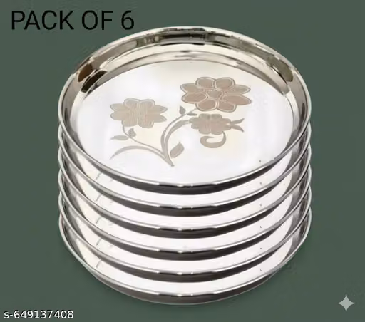 Stainless Steel Dinner Plate Steel Thali Set of 6 for Bhojan Lunch new ,