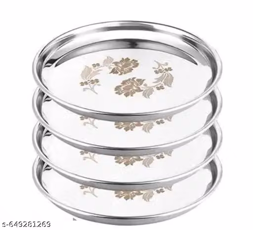 Stainless Steel Dinner Plate Steel Thali Set of 4 for Bhojan Lunch,