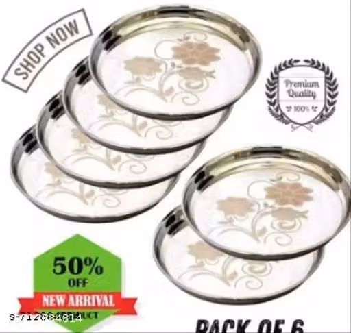 Stainless, Steel 6pc Thali, Plate,(12 inch) Kitchenware Set Ideal for Home, Restaurants and Family Use, Silver(pack of 6)