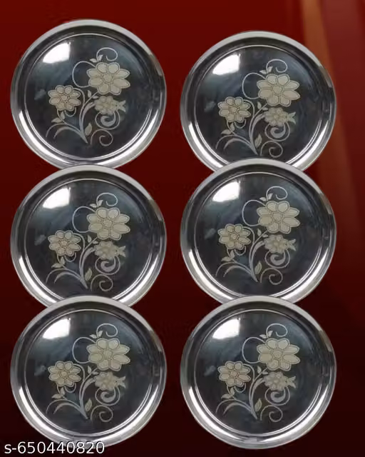 Stainless, Steel ,6pc Thali ,Plate,(12 inch) Kitchenware Set Ideal for Home, Restaurants and Family Use, Silver(pack of 6)