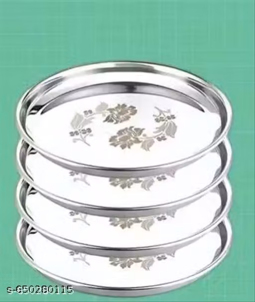 Stainless ,Steel 4pc Thali ,Plate(12 inch) Kitchenware ,Set Ideal for Home, Restaurants and Family Use, Silver(pack of 4)