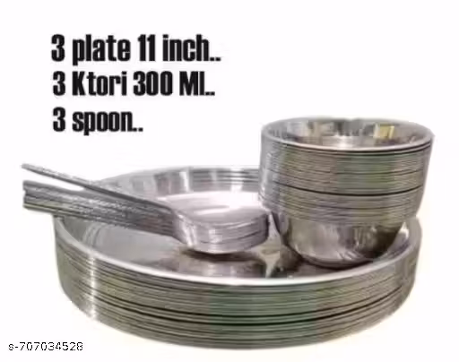 Dinner/ Set 9 pcs/Premium 3 thali,3 katori,3 spoon Dinnerware /for Home/Steel Bartan Set for Kitchen, Silver khumcha