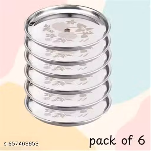 Stainless Steel,, Dinner ,,plate Set For kitchen, Plate, Bhojan Thali,Steel Dish-26 cm Material : Stainless Steel,,(pack of 6)