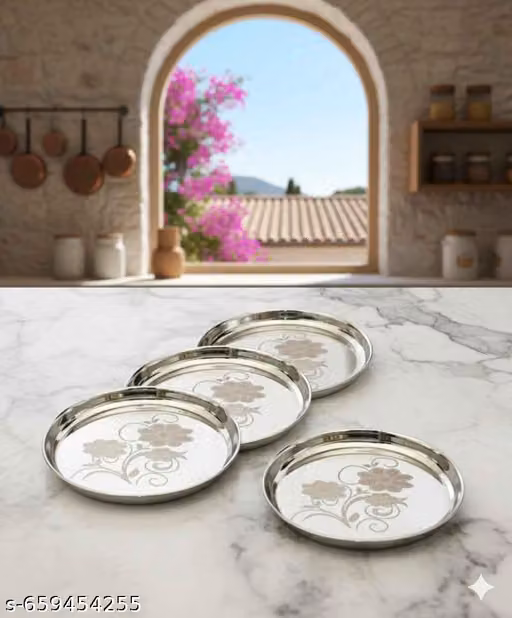 Stainless Steel Dinner Plate Steel Thali Set of 4 for Bhojan Lunch,QUY51