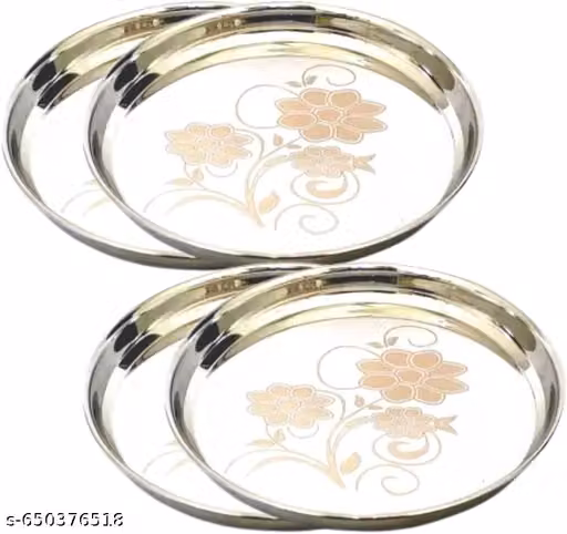 //Stainless Steel 4pcS Thali, Plate,(12 inch) Kitchenware ,Set Ideal for Home, Restaurants and Family Use, Silver(pack of 4)