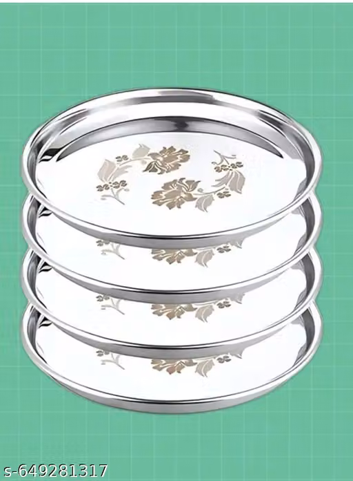 Stainless Steel Dinner Plate Steel Thali Set of 4 for Bhojan Lunch,