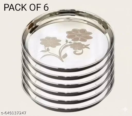 Stainless Steel Dinner Plate Steel Thali Set of 6 for Bhojan Lunch new ,
