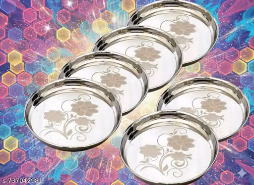 STAINLESS steel 6 thali 11 inch KHUMCHA NEW PETURN assd556469