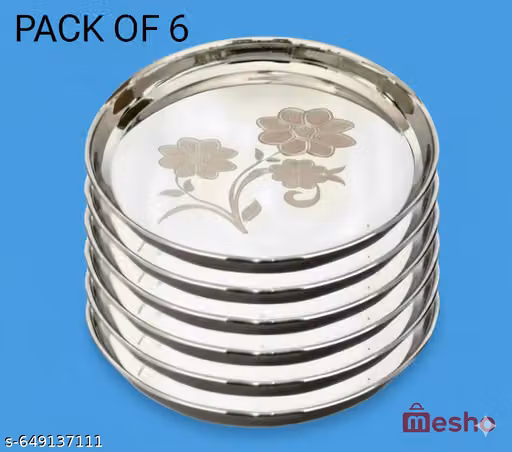 Stainless Steel Dinner Plate Steel Thali Set of 6 for Bhojan Lunch new ,