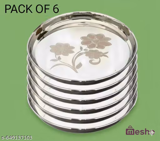 Stainless Steel Dinner Plate Steel Thali Set of 6 for Bhojan Lunch new ,