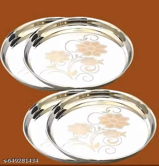 Stainless Steel Dinner Plate Steel Thali Set of 4 for Bhojan Lunch,