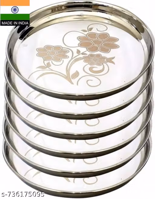 STAINLESS steel 6 thali 11 inch KHUMCHA NEW PETURN assd55646