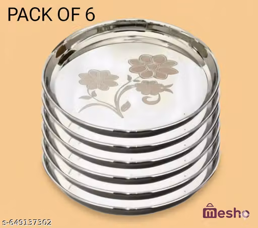 Stainless Steel Dinner Plate Steel Thali Set of 6 for Bhojan Lunch new ,