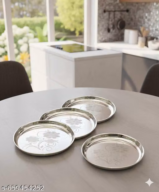 Stainless Steel Dinner Plate Steel Thali Set of 4 for Bhojan Lunch,QUY57