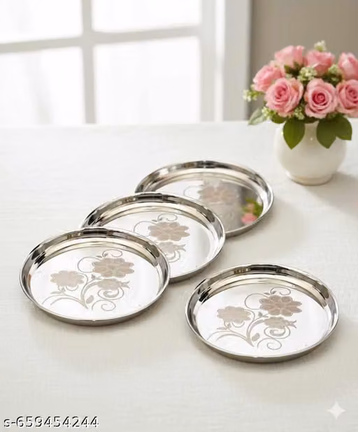 Stainless Steel Dinner Plate Steel Thali Set of 4 for Bhojan Lunch,QUY48