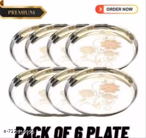 Stainless, Steel 6pc Thali, Plate,(12 inch) Kitchenware Set Ideal for Home, Restaurants and Family Use, Silver(pack of 6)